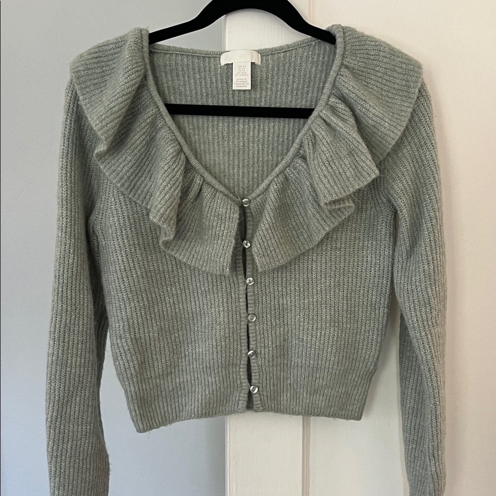 H&M green blue wool blend cardigan with ruffle collar XS